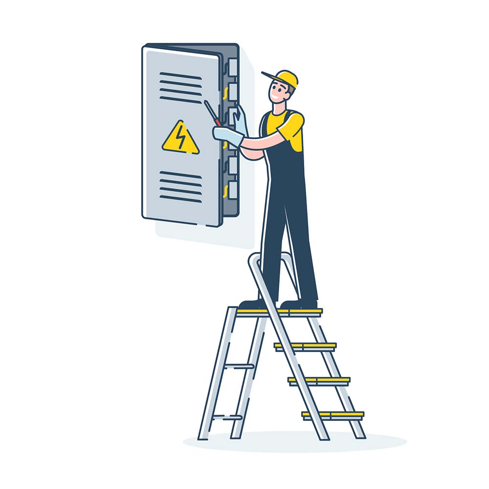 Electrician checking breaker switch box. Engineer works with electrical service panel cabinet. Cartoon technician at work. Maintenance and repair concept. Linear vector illustration