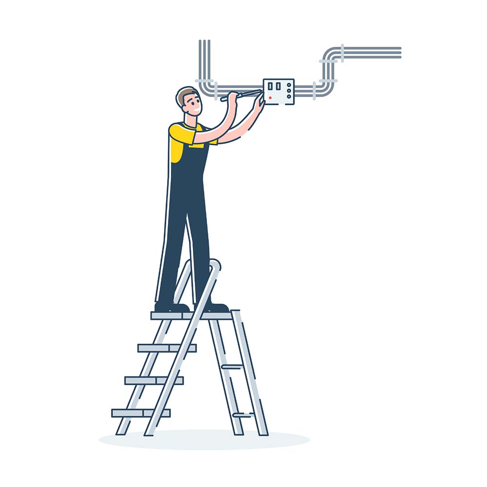 Electrician worker man working with electric meter. Male engeneer fixing breaker. Male cartoon character engineer in uniform fixing breaker or counter standing on ladder. Linear vector illustration.